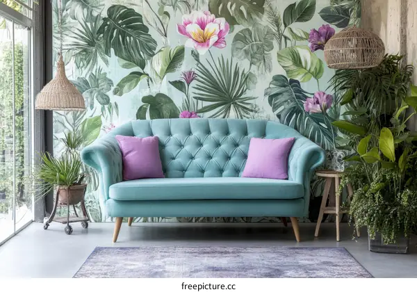 Stylish Teal Sofa with Tropical Wallpaper
