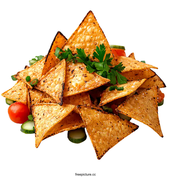 [Transparent Background PNG]Pile of Crispy Tortilla Chips with Toppings