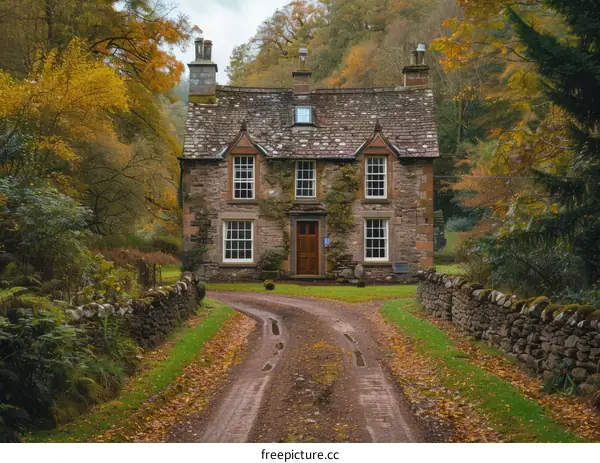Stone Cottage Nestled in Autumn Woods