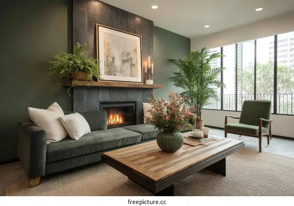 Modern Living Room with Fireplace and Greenery