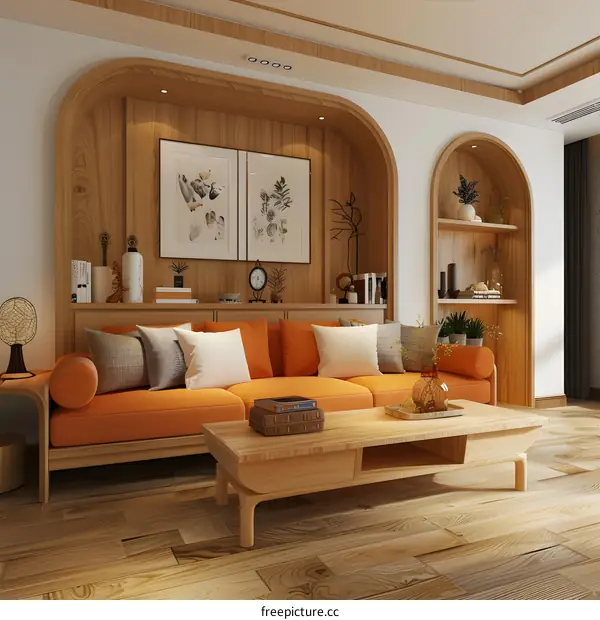 Modern Living Room Design with Arched Wall and Wooden Furniture