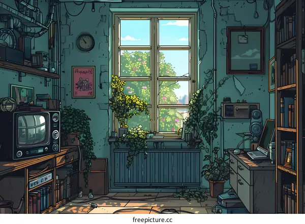 Vintage Room Illustration with Window and Plants