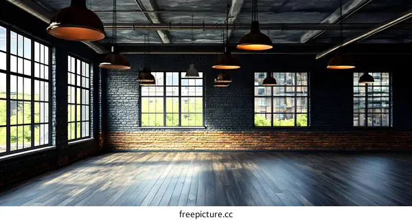 Industrial Loft Interior Design with Brick Walls and Large Windows