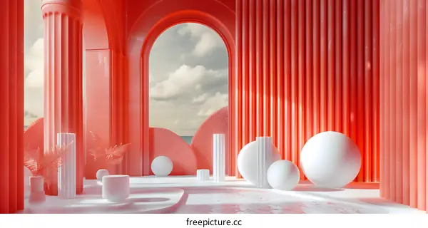 Pink and white geometric shapes in an indoor space