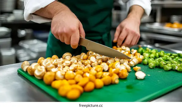 Chef Chopping Mushrooms and Vegetables in a Commercial Kitchen