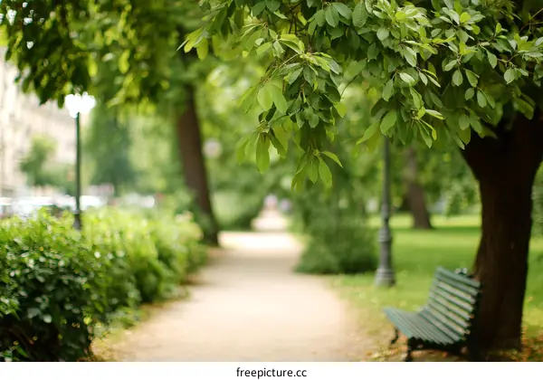 Peaceful Park Pathway Under Lush Green Canopy