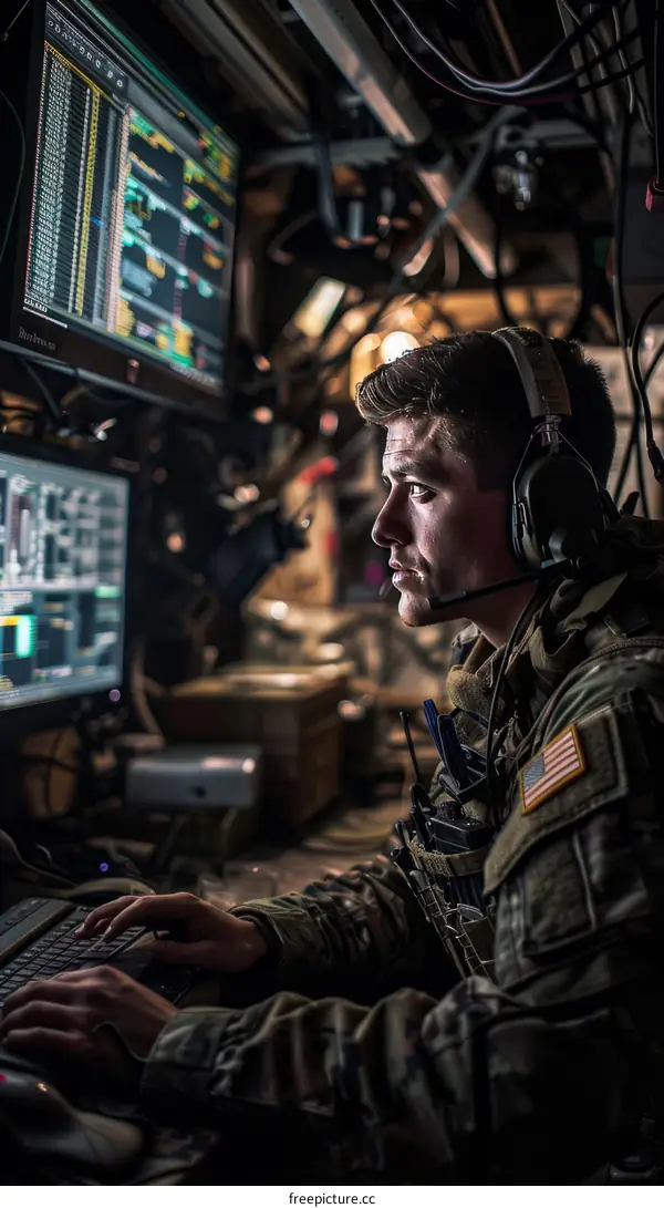 A soldier wearing headphones operates a computer in a dark room