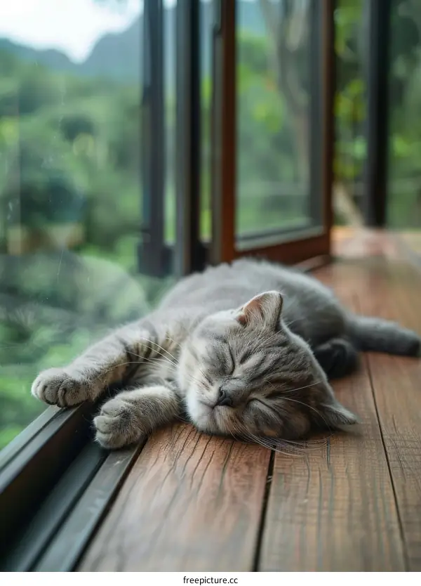 A gray cat is sleeping on the wooden floor in front of the glass door.