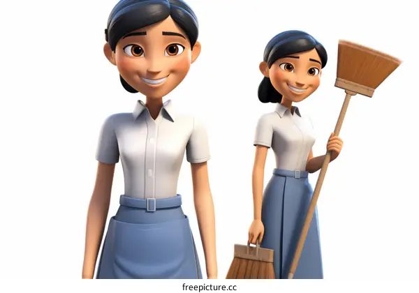 Smiling Cartoon Janitor Woman Holding Broom