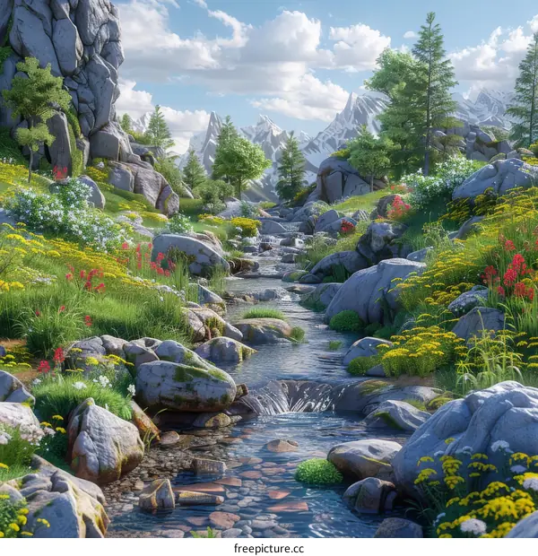 Valley River with Rocks and Alpine Flowers