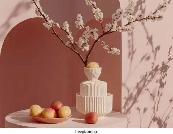 White Vase With Peach Blossoms and Fruit