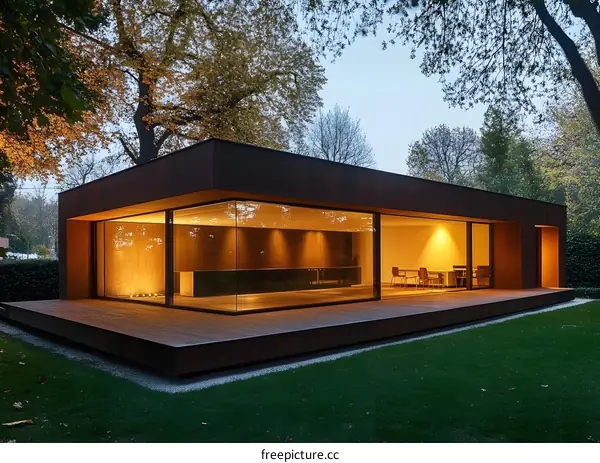 Modern House with Large Glass Windows and Wooden Deck