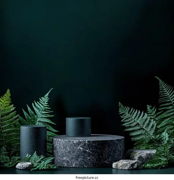 Dark Green Background with Natural Stone and Fern Pedestal