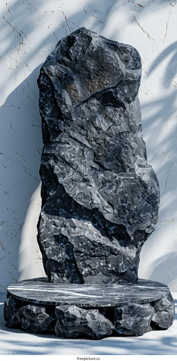 Black rough stone podium for product display on white background