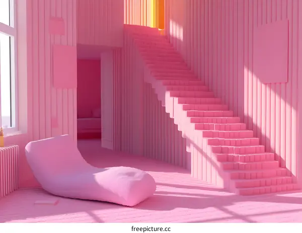Pink Minimalist Interior Design with Stairs and a Lounge Chair