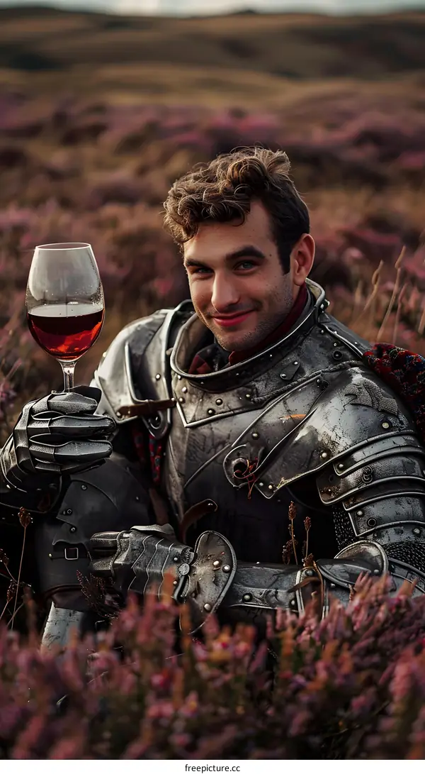 Man in Armor Holding a Glass of Wine in a Field