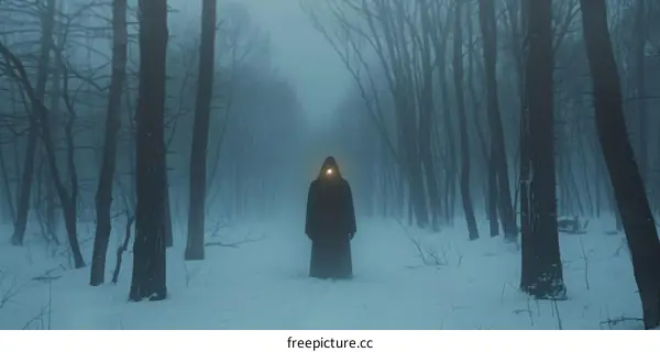 Glowing-eyed figure in dark winter forest