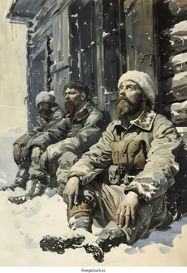 Three Soldiers Sitting in the Snow in Front of a Wooden Cabin