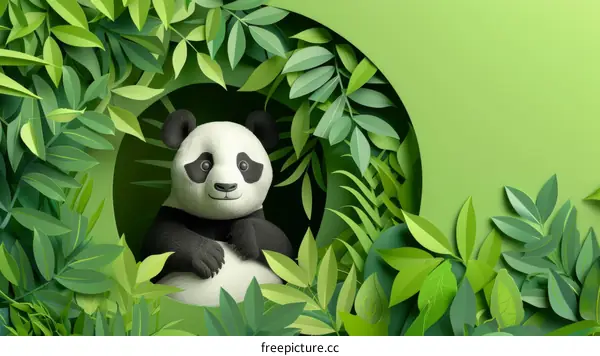 A cute panda sits in a lush green jungle