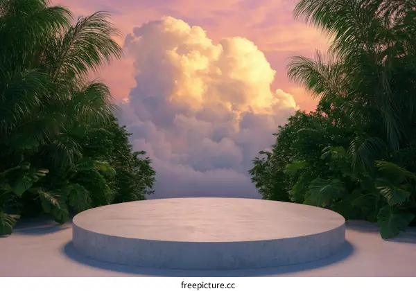 Empty Display Podium Surrounded by Lush Tropical Plants