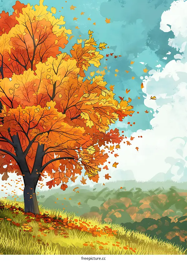 Autumn Tree with Falling Leaves Landscape Illustration