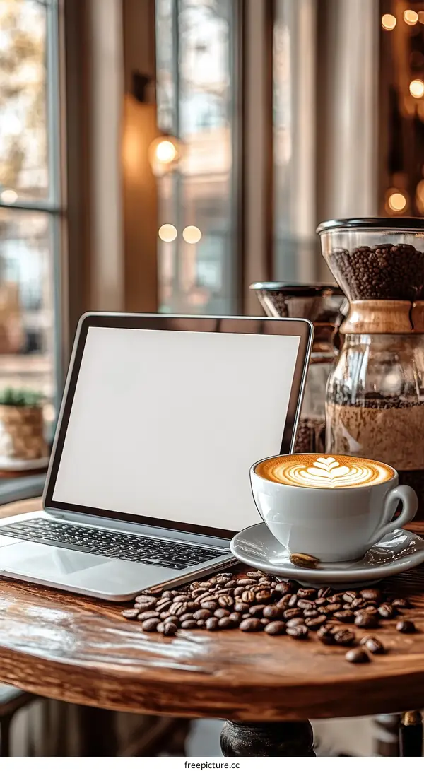 Laptop Coffee Latte in Cafe Ambiance