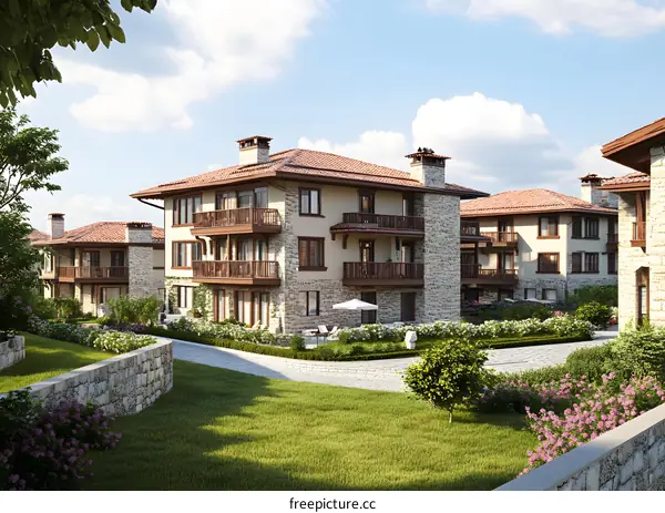 Stone House Building Complex With Green Grass And Sky