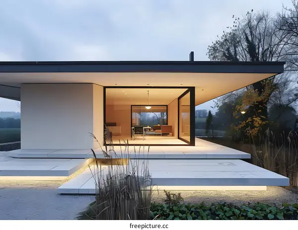 Modern Minimalist House with Large Glass Windows and Stone Patio