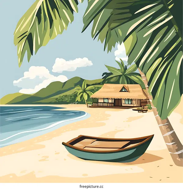 Tropical Beach Scene with Palm Trees and Hut