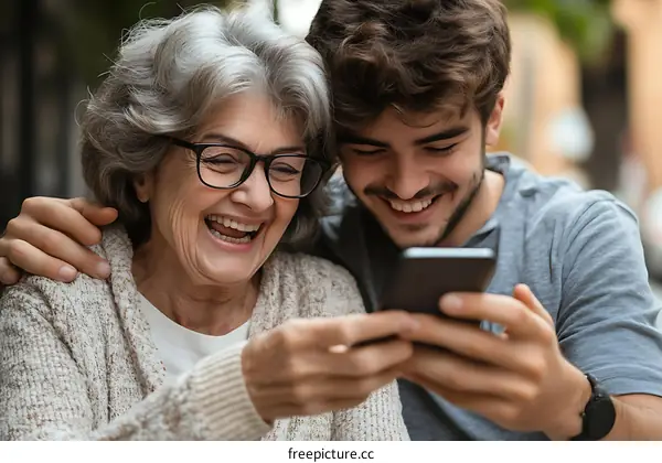 Elderly Woman and Young Man Sharing a Moment with Smartphone