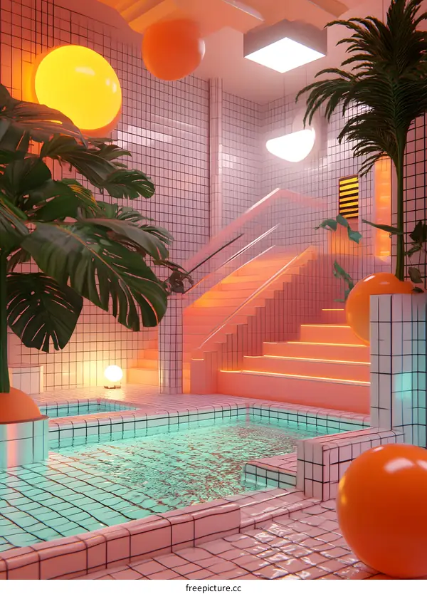 Pink and Orange Pool with Stairs and Plants