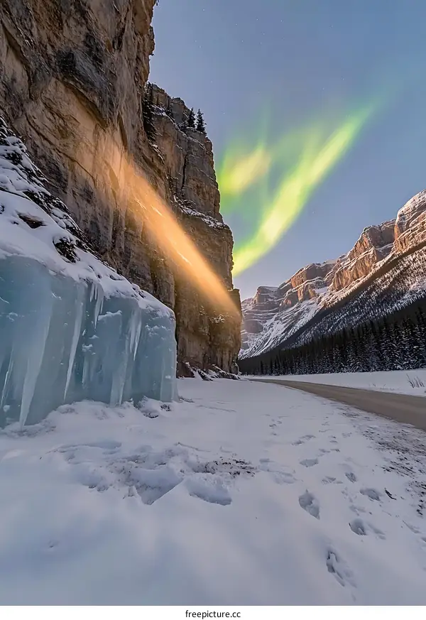 Aurora Borealis Display Over Snowy Mountains With Icicles