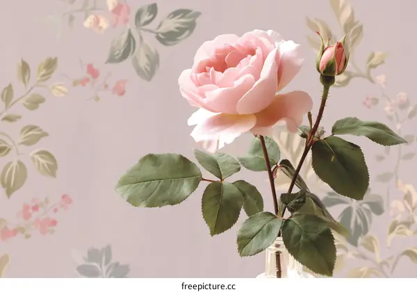 Delicate Pink Rose in Vintage Floral Pattern