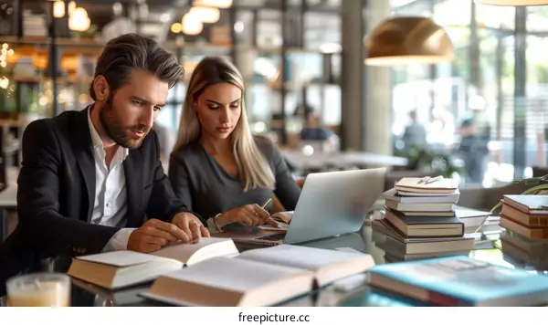 Business professionals in a meeting discussing ideas and strategies using laptop and books
