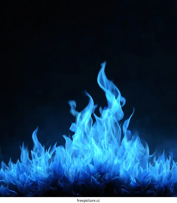 Abstract Blue Flames Over Frozen Leaves