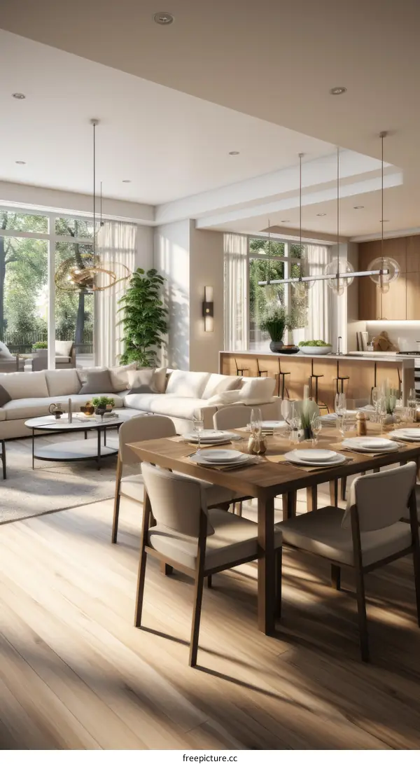 An illustration of a dining room and living room with a modern and minimalist design