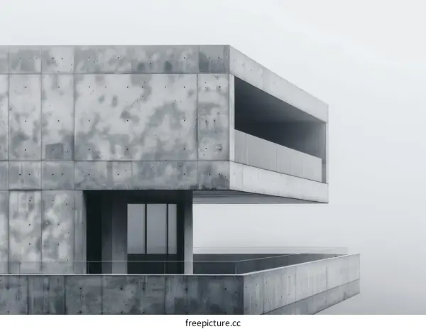 A concrete building with a balcony juts out into the fog