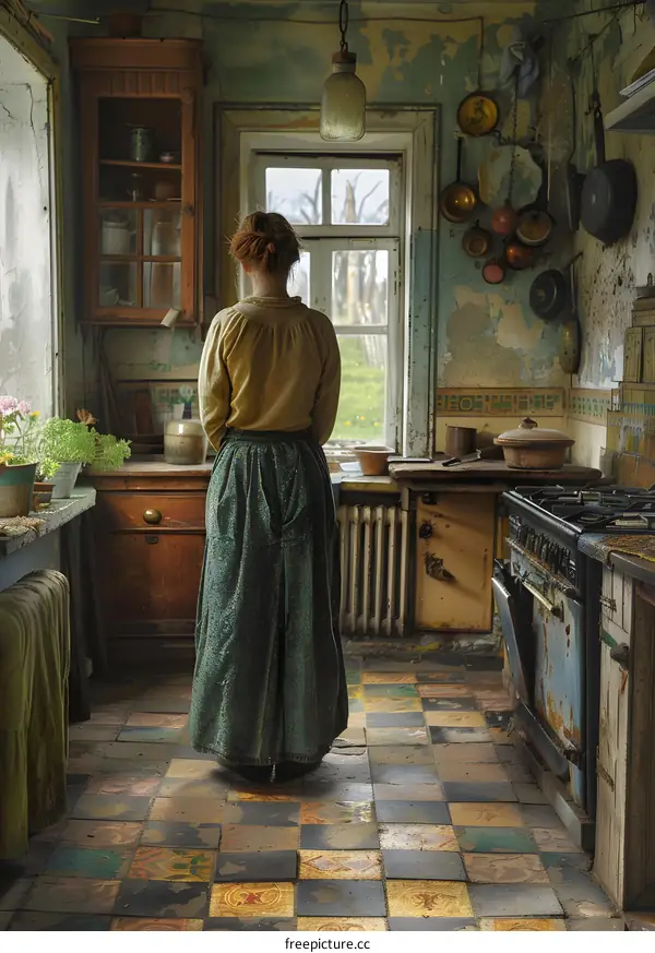 A woman standing in a kitchen looking out the window