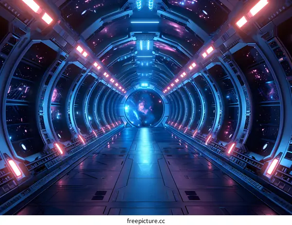 Futuristic spaceship corridor interior with glowing lights and stars in the background