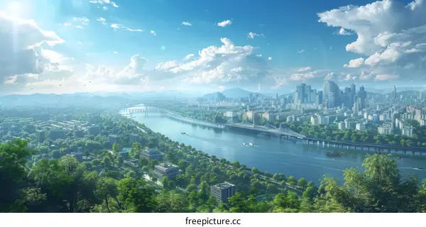 Panoramic Cityscape with Lush Green Surroundings