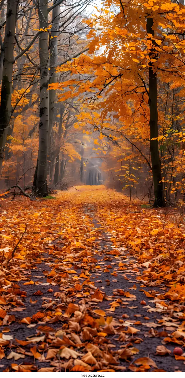 colorful autumn forest path with fallen leaves