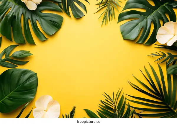 Tropical Leaves Frame On Yellow Background