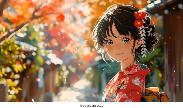A smiling Japanese girl wearing a kimono stands in a street with autumn leaves.
