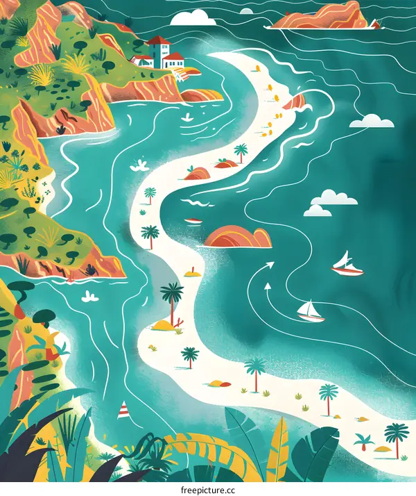 Tropical Beach Landscape With Curved Shoreline And Palm Trees