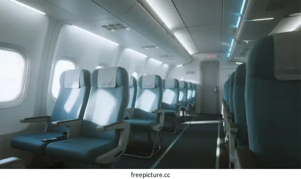Interior of modern airplane cabin with empty seats and sunlight