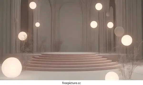 Minimalist White Room with Steps and Spherical Lights