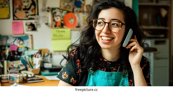 Smiling Young Woman on Phone Call in Creative Office