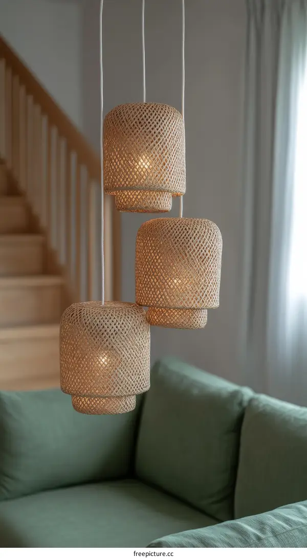 Elegant Woven Hanging Lights over Green Sofa