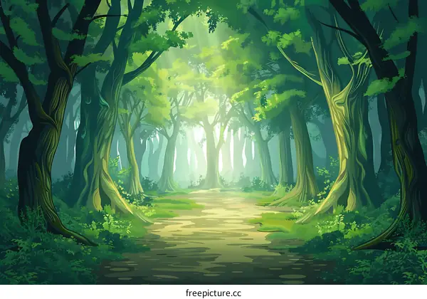 Green Forest Pathway With Sunlight