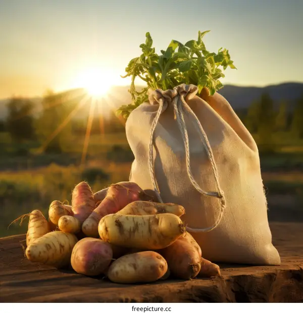 A burlap sack full of freshly harvested organic potatoes with the sun rising in the background